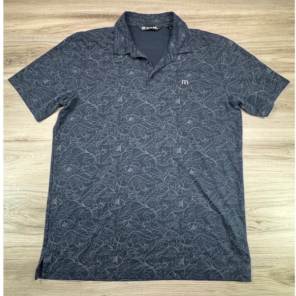 TravisMathew Monstera Mens Navy Blue Floral Line Art Polo Shirt 1MZ111 Size M